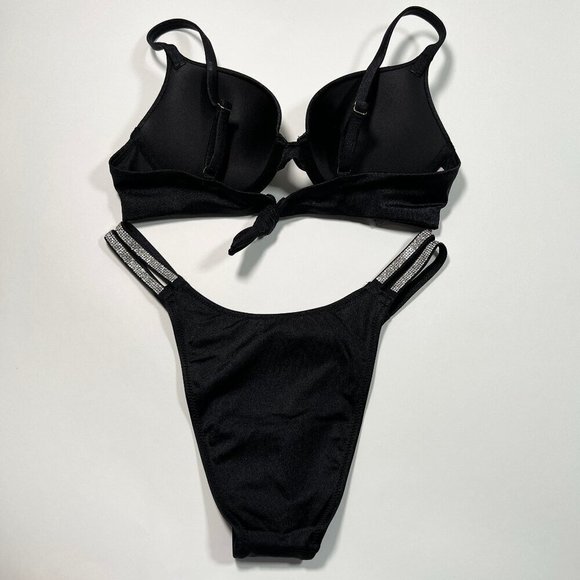 Victoria Secret 38C L VERY SEXY Push Up Bikini Top Bottom Set Shine Strap Black - Picture 4 of 9